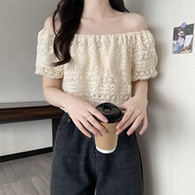 洋气减龄短袖雪纺衫女夏季设计感小众一字领露肩短款上衣漂亮小衫