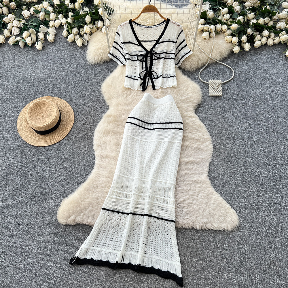 Women's Korean Style Workwear Knit Two Piece Set Summer V Neck Tie Waist Slim Fit White Color Block Stripes_ecoleips.com