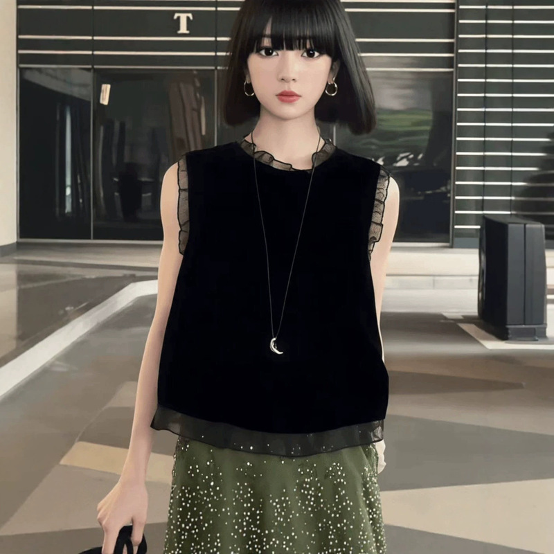 Korean-Style Velvet Sleeveless Shirt, Versatile for Work and Play, Women's Summer Fashion Casual Slimming Top, Black