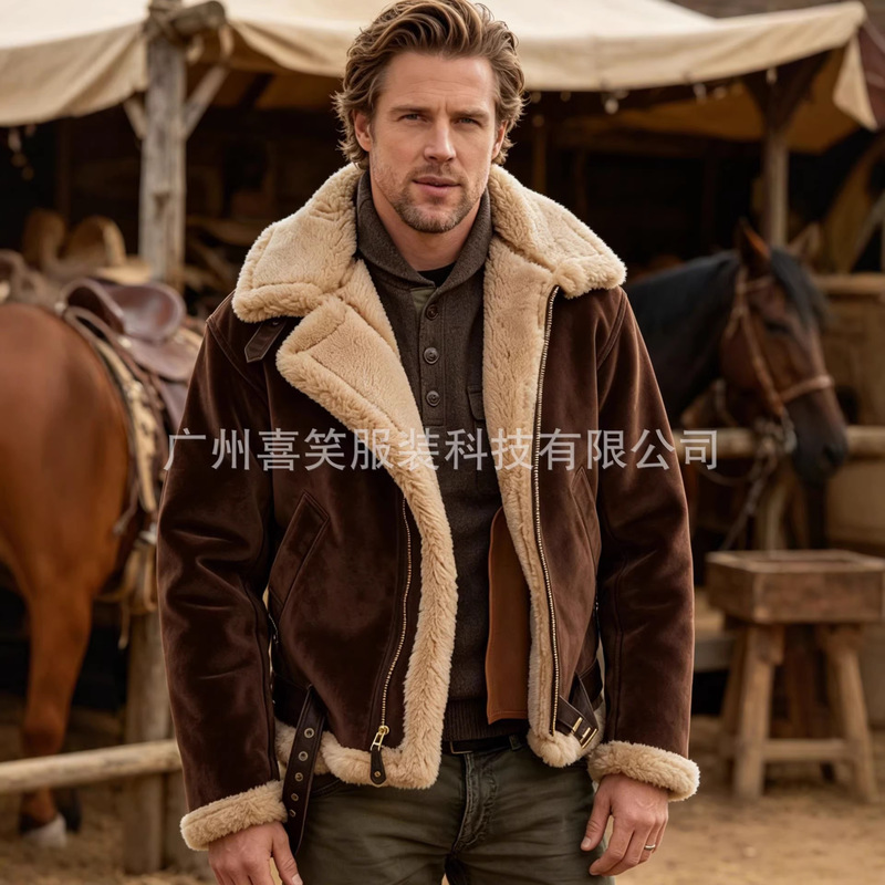 2026 Cross-Border Men's Retro Suede Leather Jacket with Fur Lining, Thickened for Autumn and Winter, Warm Turn-Down Collar Coat, Trendy 2026 Cross-Border Men's Retro Suede Leather Jacket with Fur Lining, Thickened for Autumn and Winter, Warm Turn-Down Collar Coat, Trendy