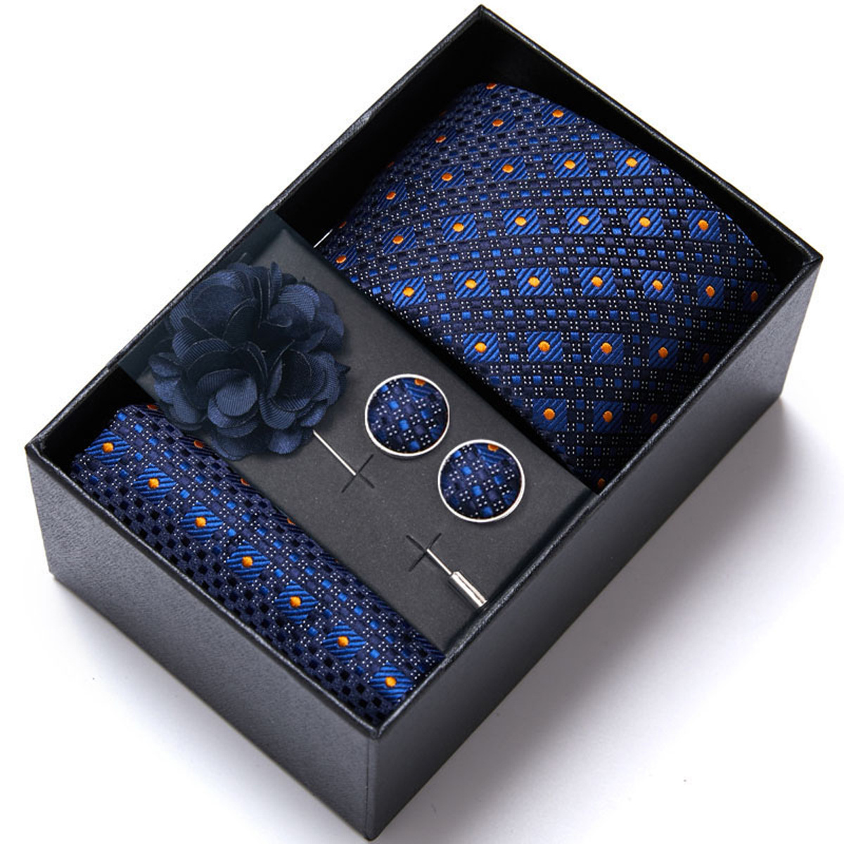 男性の新しい青いストライプのプリントネクタイのスカーフのカフスの胸の花のギフトボックスの包装の贈り物の佳品は祝日に適します。