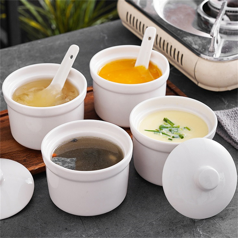 简约4寸陶瓷蒸蛋碗家用带盖隔水炖盅燕窝补品炖罐酒店炖汤甜品碗