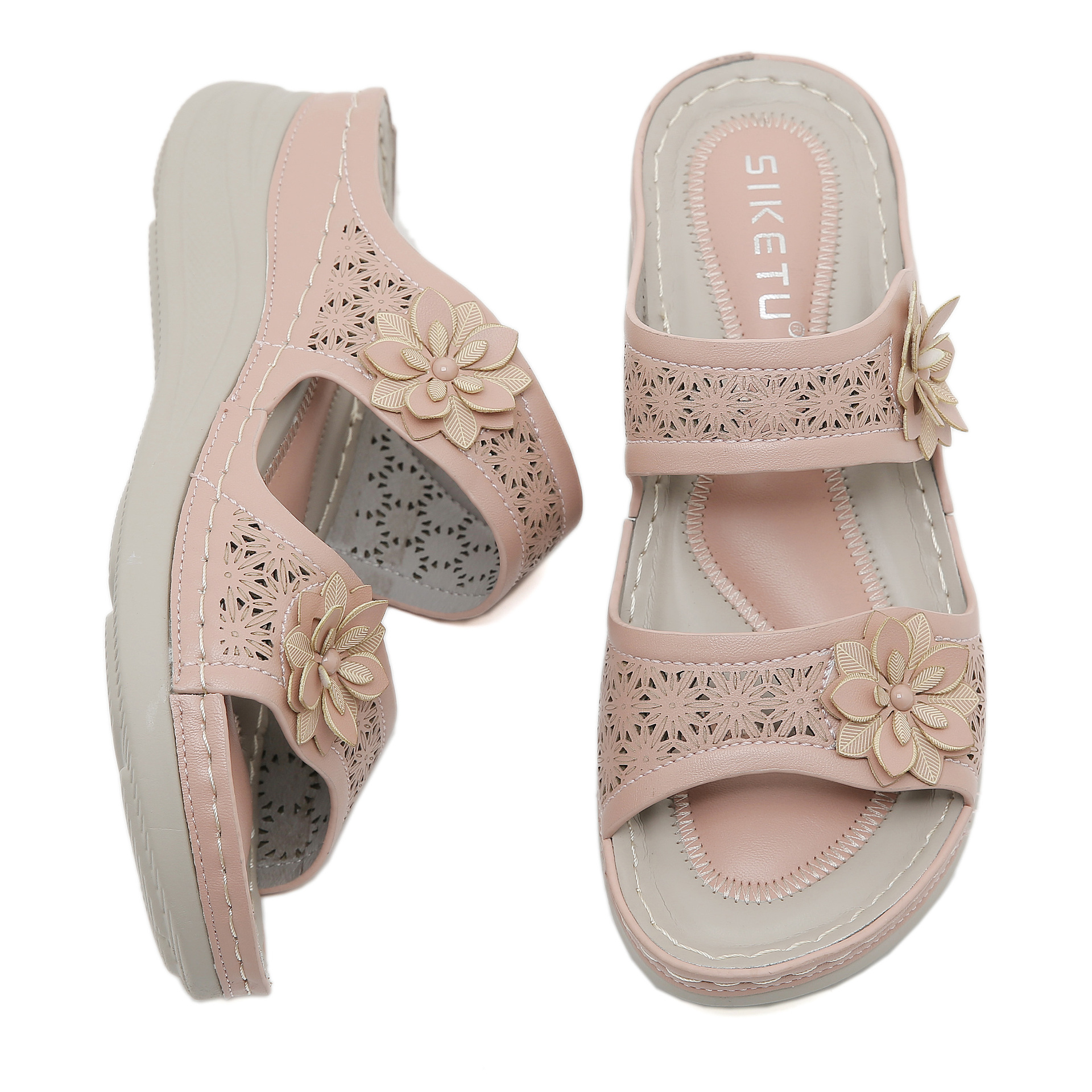 JS777 - 7 nuevo estilo 2025 transfronterizo cabeza redonda de moda boca de pez hueco de mujer zapatillas casuales de tamaño grande