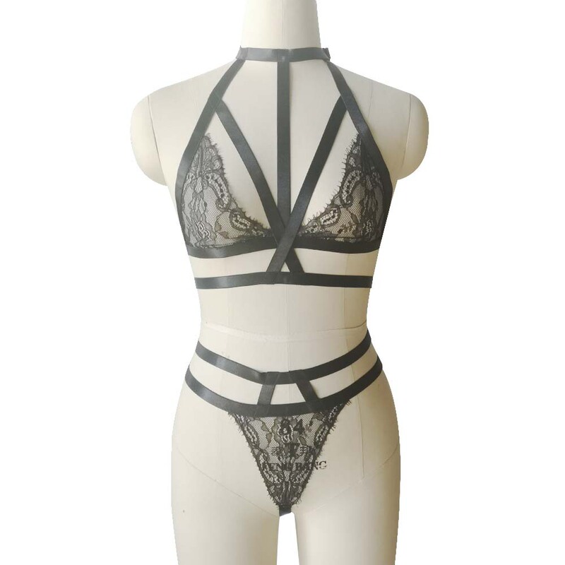 Three-point Foreign Trade European and American Sexy Strap Lace Bra Underwear Underwear Underwear Harness Fun Set Uniform Tempting Women