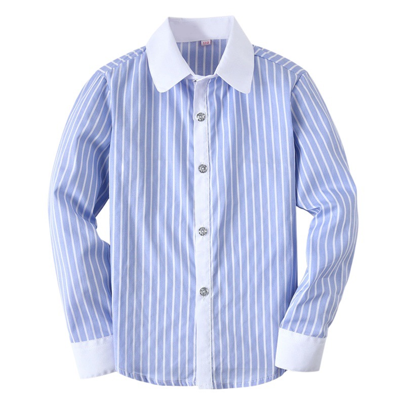 Camisa de algodón de manga larga para niños azul a rayas para niños y niñas Camisa de uniforme escolar primario para niños medianos y grandes entrega de una pieza