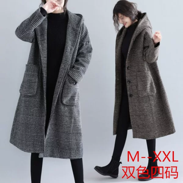Winter New Houndstooth Pattern Korean Style Woolen Coat Plus Size Women's Clothing