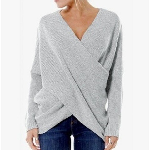 Autumn new all-match solid color simple warm sexy V-neck cross long sleeve pullover knitted sweater for women