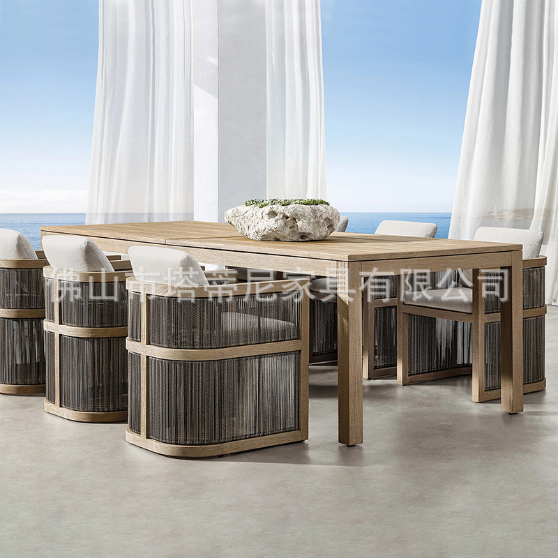 Mesas y sillas de exterior tejidas con cuerda, balcón moderno para ocio, muebles de patio de alta gama, conjunto de aleación de aluminio resistente al agua y al sol.