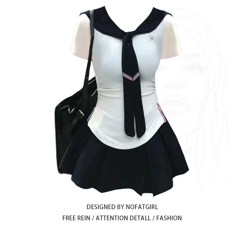 Плюс размер Fat MM Glacier Blues, сексуальная тонкая футболка с короткими рукавами, топ из двух предметов, женский летний костюм с плиссированной юбкой