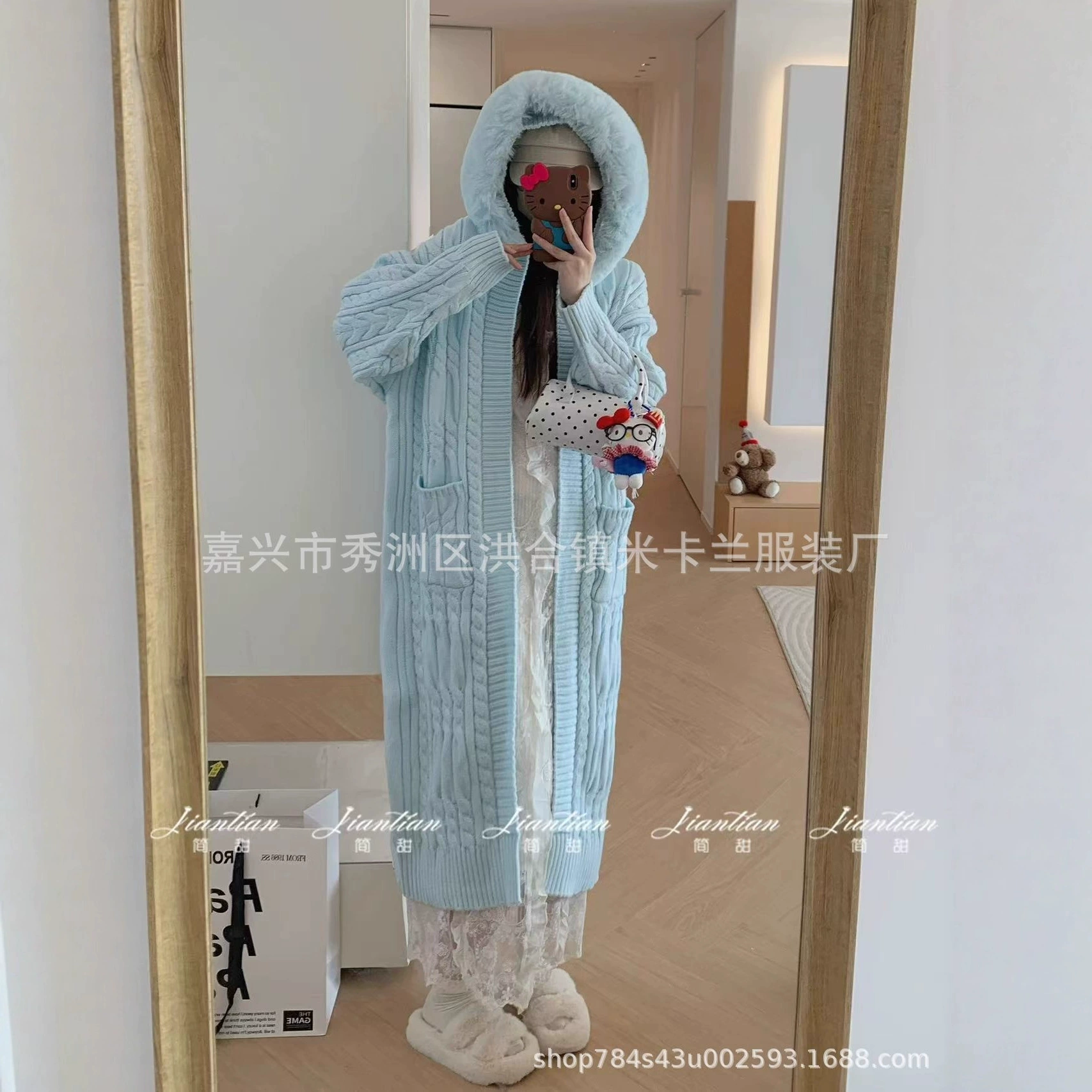 Sweater, long set, knitted woolen autumn jacket, increased thickness