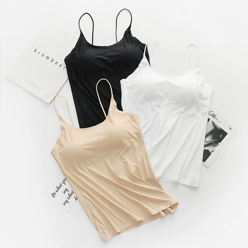 Бесшовная топик camisole из шелка-льда, вкладыши с фиксированными чашками, дышащий красивый спина жилета