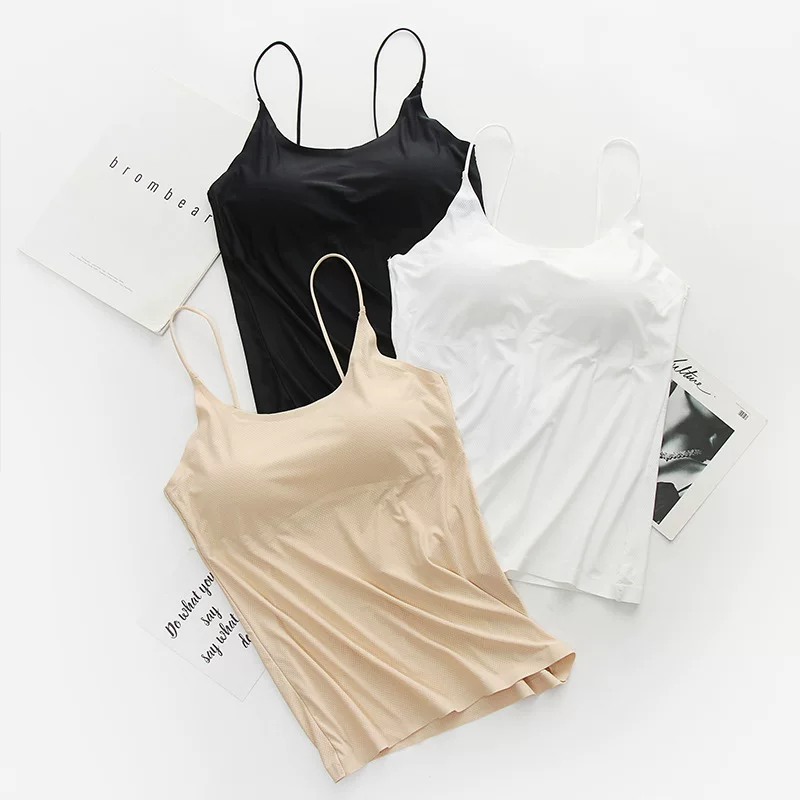 Бесшовная топик camisole из шелка-льда, вкладыши с фиксированными чашками, дышащий красивый спина жилета