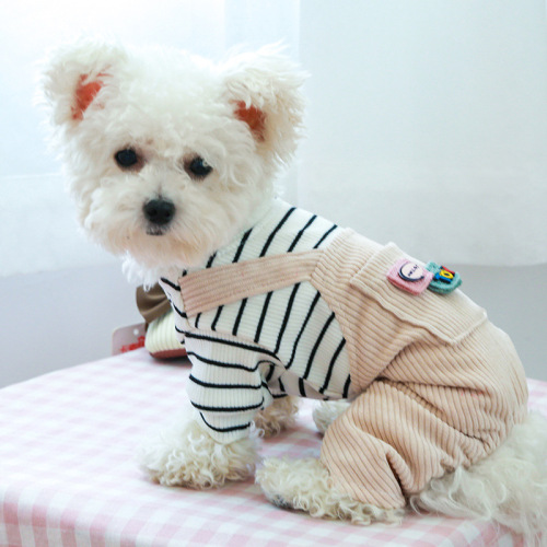 Pet clothes direct from the manufacturer, new fall and winter products for dogs, Teddy four-legged clothes, black and white striped pocketed belt pants