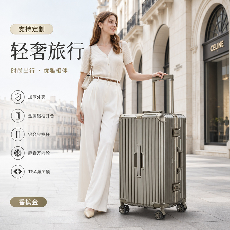 Premium Aluminum Frame Suitcase with Silent Wheels, Customizable Logo, Large Capacity Pc Travel Password Lock 20inch Carry-On Suitcase Premium Aluminum Frame Suitcase with Silent Wheels, Customizable Logo, Large Capacity Pc Travel Password Lock 20inch Carry-On Suitcase