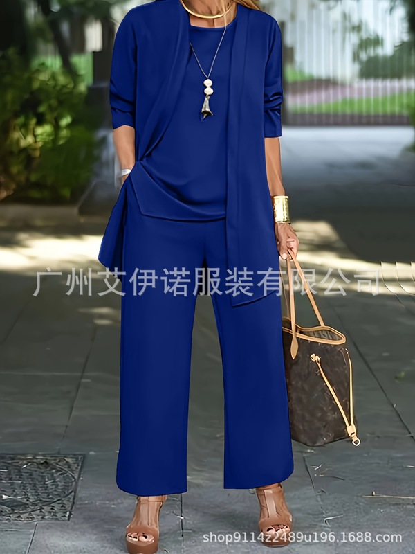 temu.卖现货纯色开叉圆领无袖背心上衣长袖开衫外套阔腿裤套装女|undefined