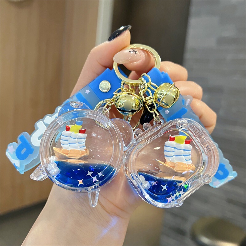 Acrylic Oil-Filled Smooth-Sailing Ship Quicksand Bottle Keychain Cute Floating Doll Cruise Ship Pendant Small Gift