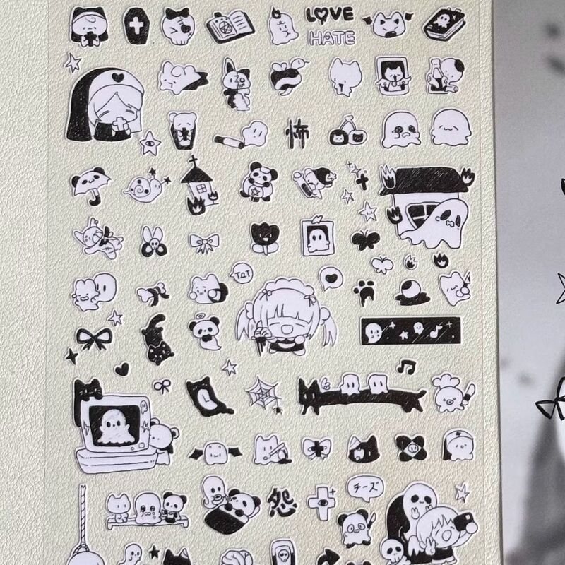 Black and white little ghost nail art stickers, flat DIY guka journal material stickers, holy cross nail decoration Black and white little ghost nail art stickers, flat DIY guka journal material stickers, holy cross nail decoration