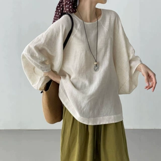预售法式苎麻天丝灯笼袖T恤女2026夏季新款薄款罩衫上衣