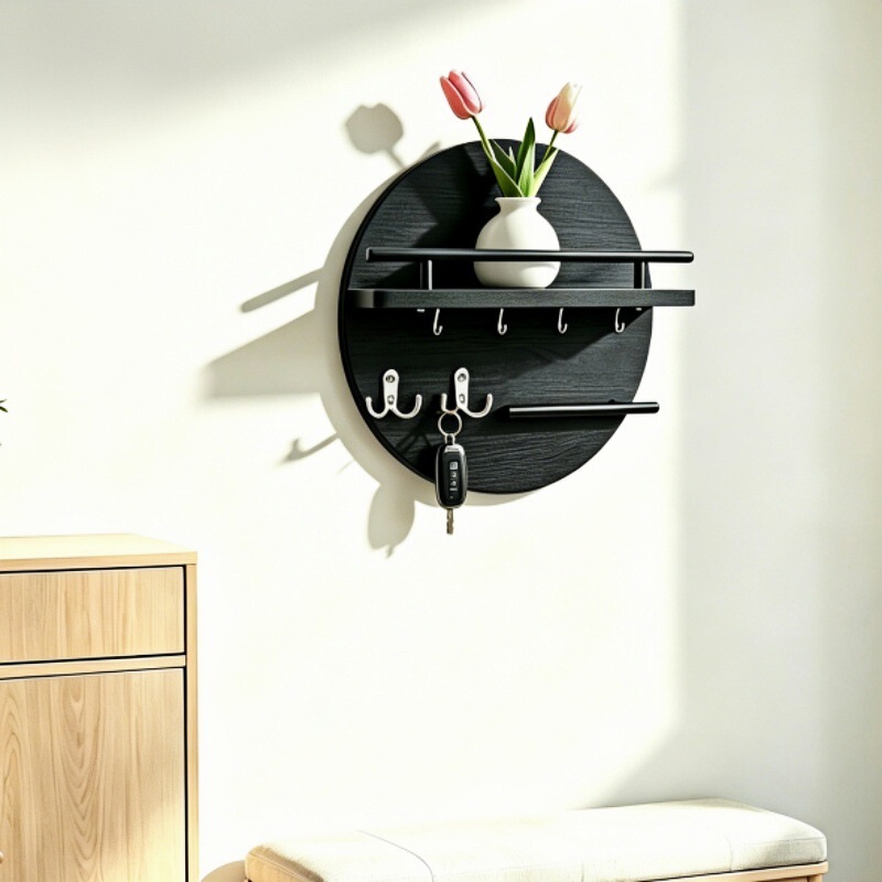 Cross-border wooden wall-mounted round storage rack for entryway, wall shelf, storage rack, living room key hook rack
