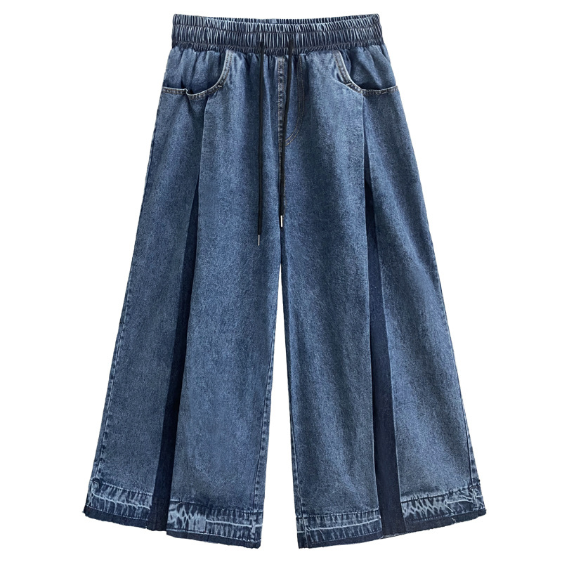 Calle americana plisado lavado contraste color jeans mujeres otoño nueva moda suelta estilo occidental casual pantalones de pierna ancha