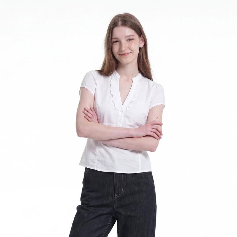 Coie Summer American Retro Lace V-Neck Buttoned Waist-Cinching Shirt White Short-Sleeved Simple Versatile Women's Top 11138