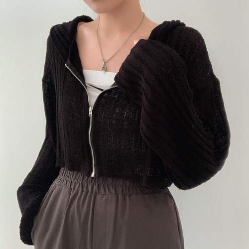 Early Spring 2025 Korea Chic Versatile Hooded Short-Sleeve Long-Sleeve Knit Sweater Thin Jacket Top for Women