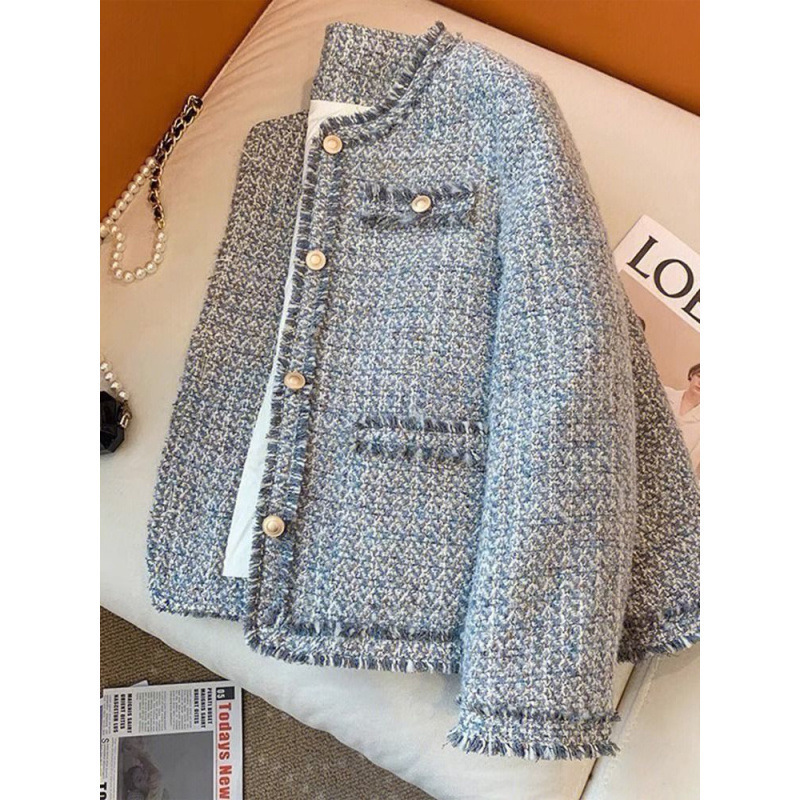 Beautiful Blue Chanel-Style Jacket, New Spring and Autumn Korean Drama Outfit, Tweed Elegant Socialite Top