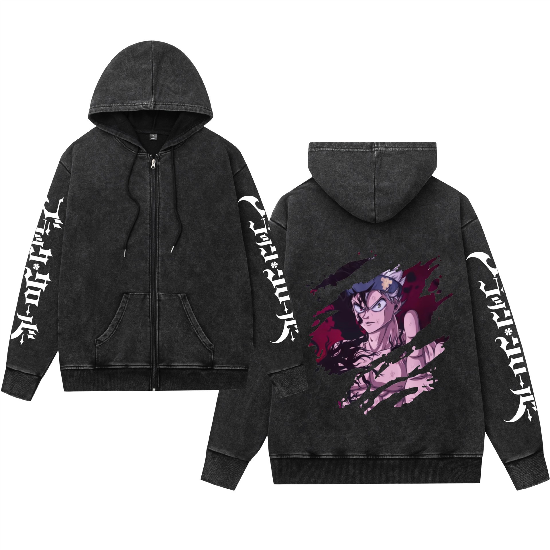 Comercio exterior lavado y desgastado suéter retro con capucha cremallera trébol de cuatro hojas negro estampado hombres y mujeres