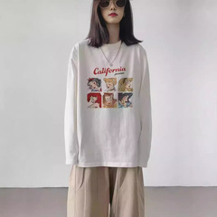 大きいサイズの太ったmm純綿の白いtシャツの女性の長袖の上着はゆったりしていて、やせています。