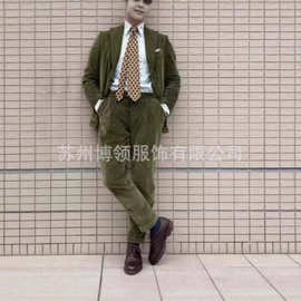 新款男式两件套休闲灯芯绒面料修身男式西装修身舞会套装西装