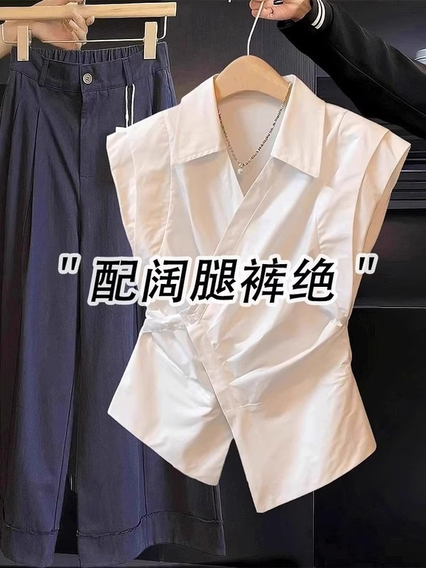 法式Polo领衬衫小飞袖T恤女2025新款夏季绑带收腰高级感无袖上衣|undefined