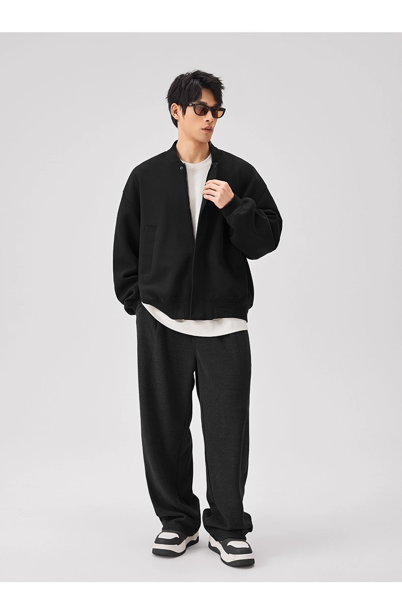 Leichte, luxuriöse Freizeitjacke, gestrickte Baseballjacke für Herren, schwarz, locker geschnitten_voghion.com