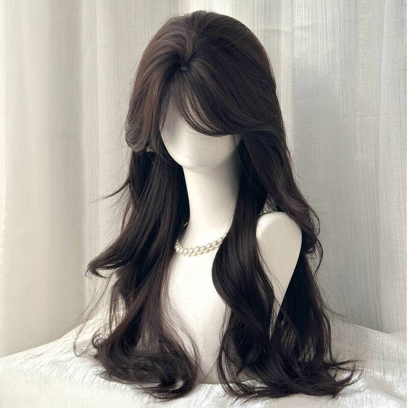 [No Need to Bring Hair Net] Wig for Women with Medium Parted Bangs, Long Curly Hair, Natural Head Replacement Full Headgear