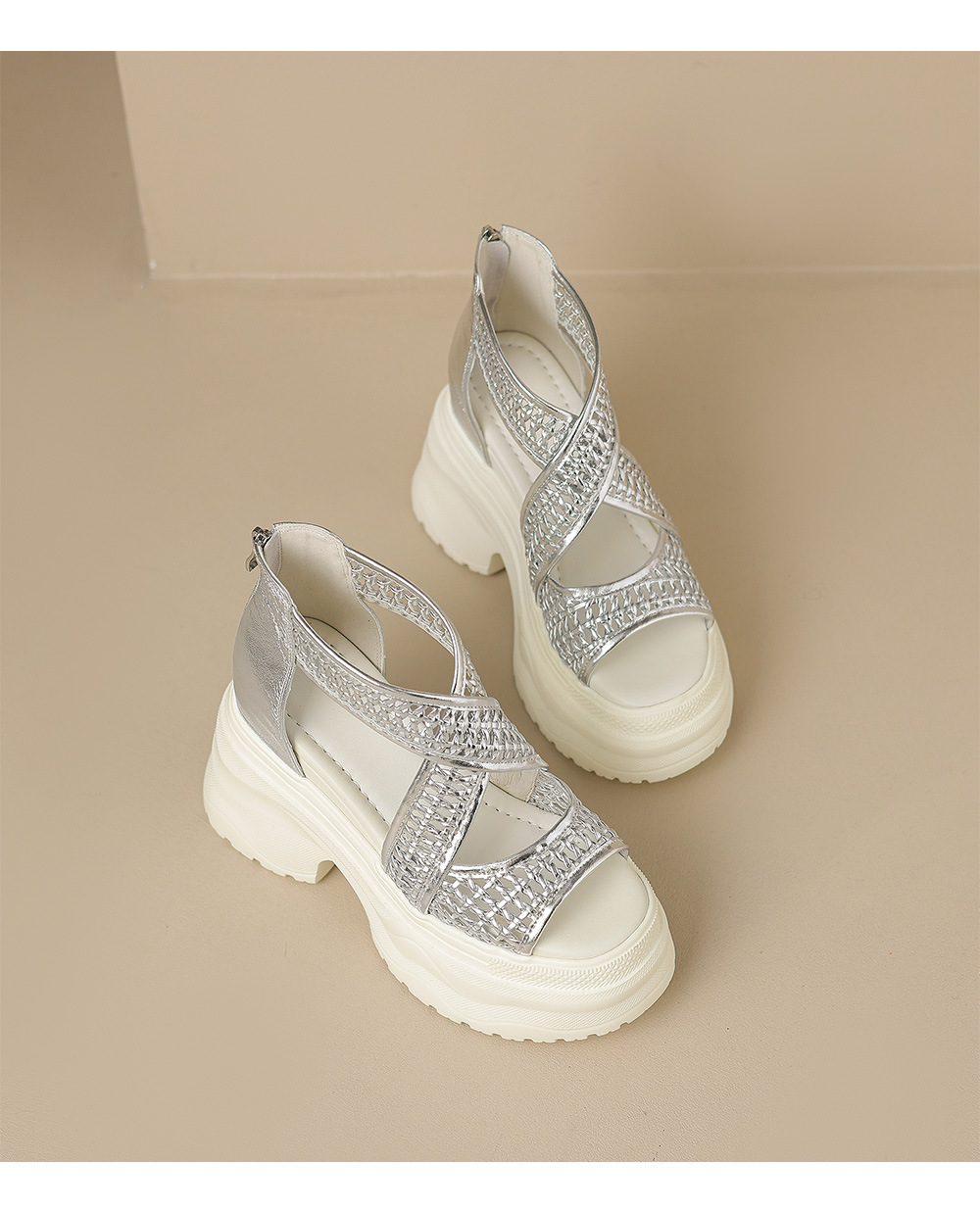 Sandal cao gót La Mã dệt quai ngang đế nêm hở mũi gót 12 cm — Màu vàng trắng, Màu đen, Màu trắng bạc chi tiết 16