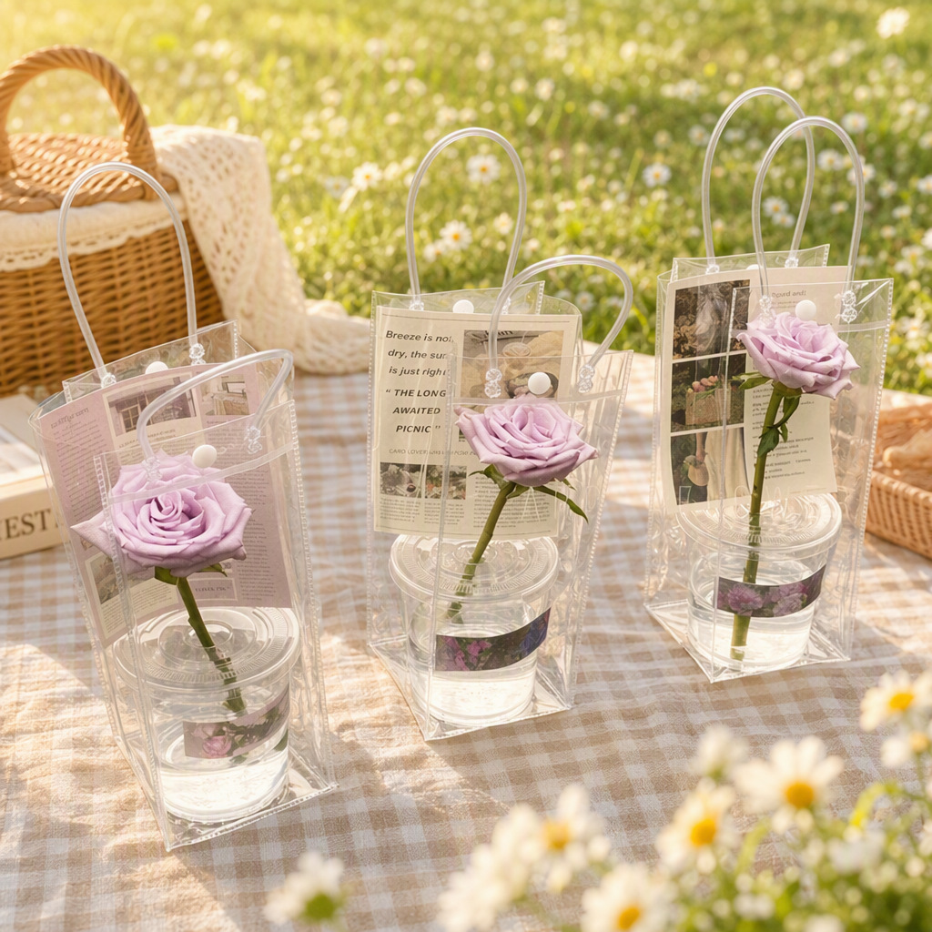 Bolsas de PVC al por mayor para puestos, bolsas transparentes, bolsas para empaque de té con leche, flores en taza, ramos para el Día del Maestro.