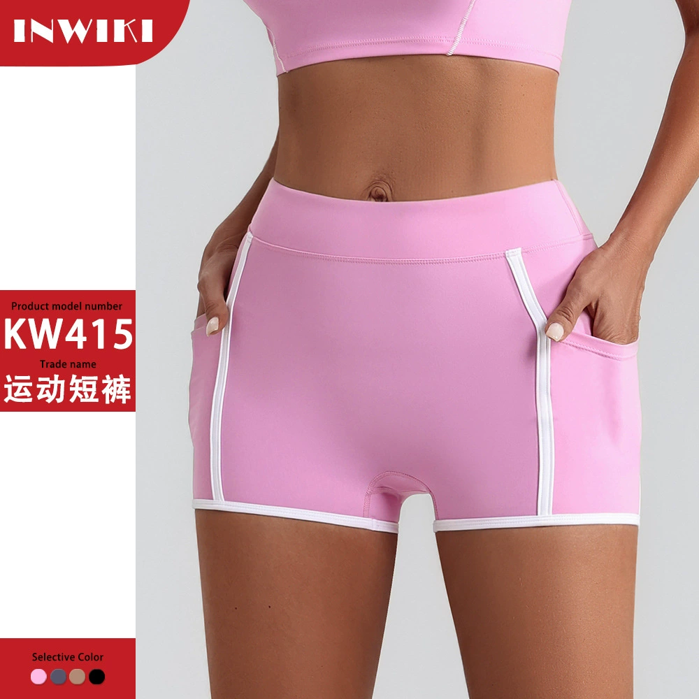 Европейские и американские новые женские шорты йоги трансграничные карманы обнаженные с высокой талией обтягивание спортивные штаны бег фитнес-шорты