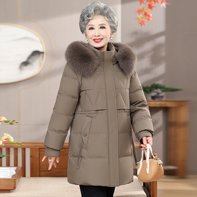 2024 бабушка белая утка пуховик женский средний и длинный лиса шерстяной воротник мама одежда зима новый средний и пожилой пиджак