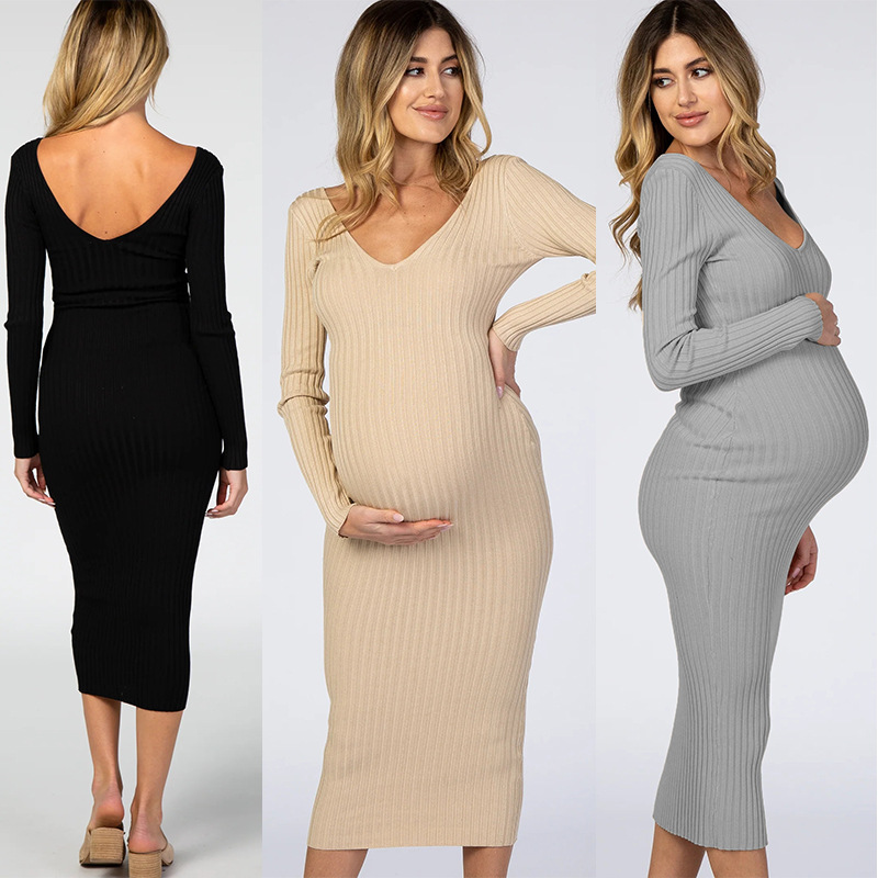 Factory direct in stock cross-border supply sexy slim V-neck long sleeve pregnant women dress multi-color optional