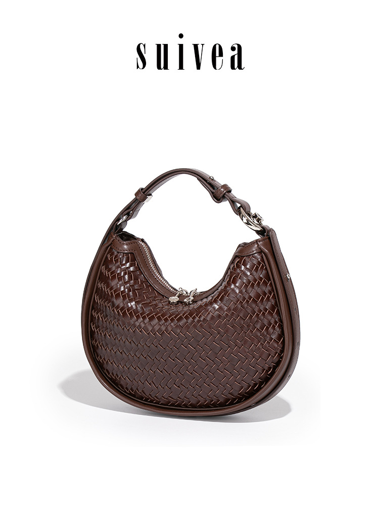 Bolso de Hombro de Media Luna Tejido de PU Estilo Retro Tejido a Mano para Uso Diario