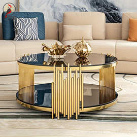 意式轻奢不锈钢圆茶几客厅边几工作室沙发角几酒店金色玻璃圆茶桌