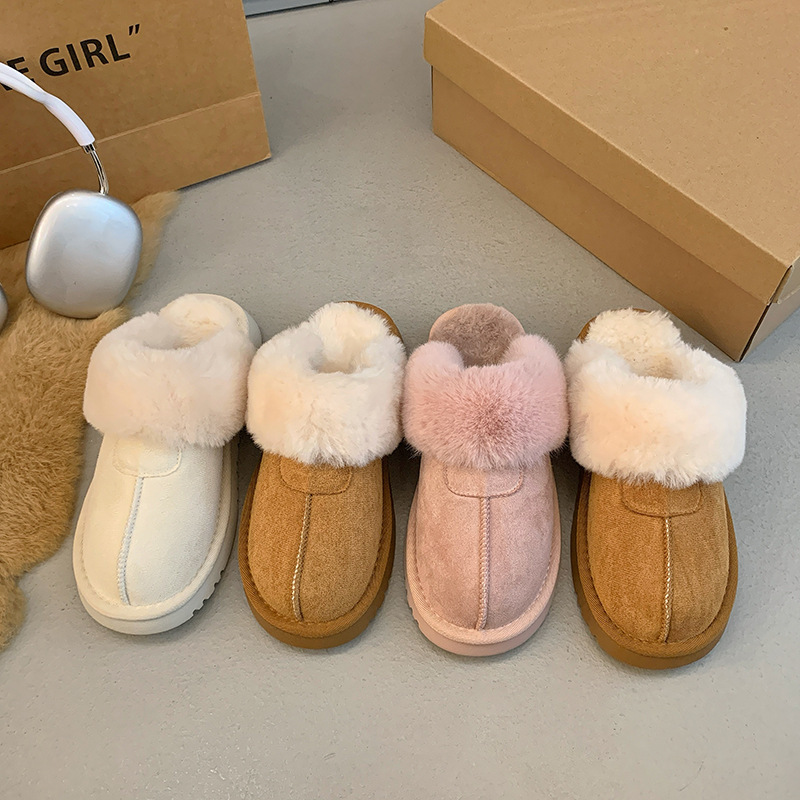 Pink Girly Snow Boots for Women 2025 Autumn and Winter New Style Atmospheric Cotton Slippers Gentle Style Closed-Toe Furry Slippers