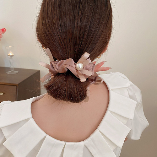 Japanese and Korean ins style geometric pleated pearl bow large intestine hair tie simple fashionable commuting temperament versatile hair accessories