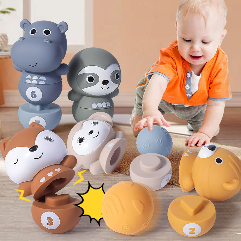 Bebé transfronterizo apilado jengle bolos bloques de construcción de goma suave Bola de mano forma de color para niños juguetes educativos cognitivos image 4