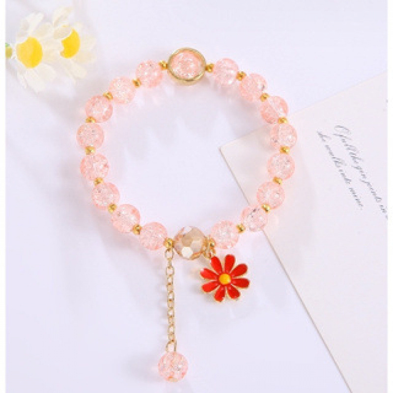S060-Pulsera de margaritas rojas brillantes con cuentas rosas#tamaño 534
