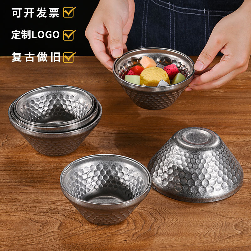 复古304不锈钢锤纹斗笠碗 双层加厚v型碗饭碗做旧甜品沙冰刨冰碗|undefined