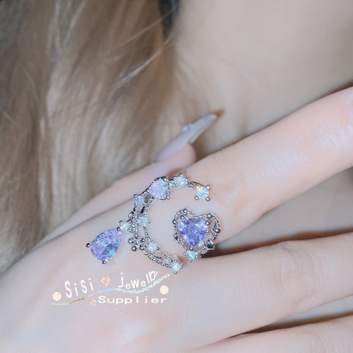SIsi's original high-end Japanese luna super fairy palace ring gold-plated inlaid with bright aquamarine zirconium niche ring