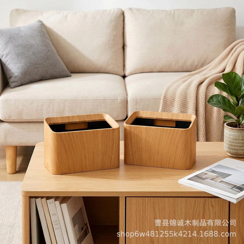 Cross-Border Wooden Mini Desk-Style Trash Can with Wood Grain Finish, Tabletop Trash Bin Without Lid