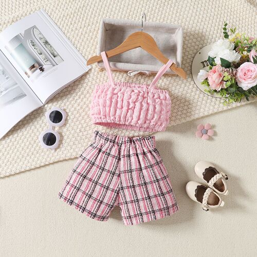Amazon Bestselling Girls' Popcorn Strap Top and Shorts Set with Chanel Style Patterns, Exclusive for Cross-border Shipping in Europe and America