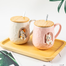 430ml Cute Animals Relief Ceramics Mug With Lid and Spoon