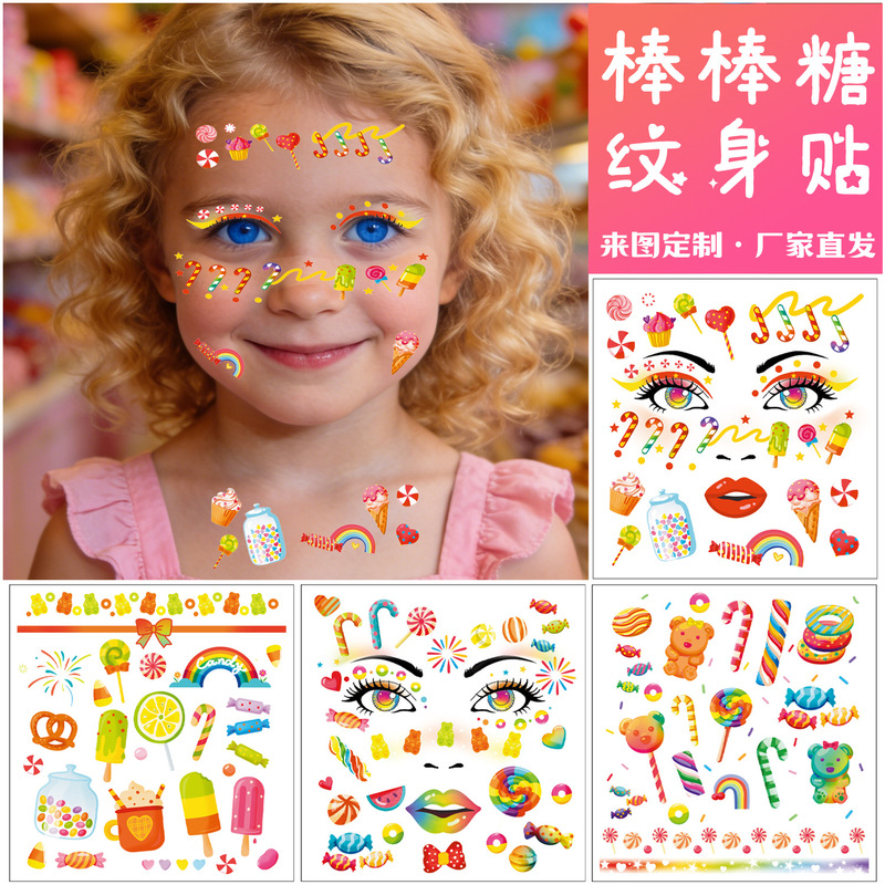 Cross-Border New Style Lollipop Face Stickers Children's Candy Tattoo Stickers Party Decoration Facial Water Transfer Stickers